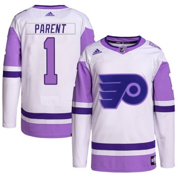 Authentic Adidas Men's Bernie Parent Philadelphia Flyers Hockey Fights Cancer Primegreen Jersey - White/Purple
