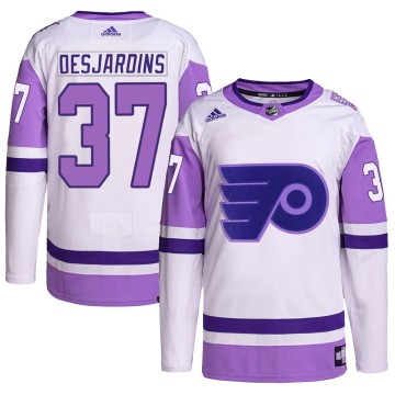 Authentic Adidas Men's Eric Desjardins Philadelphia Flyers Hockey Fights Cancer Primegreen Jersey - White/Purple