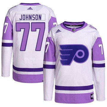 Authentic Adidas Men's Erik Johnson Philadelphia Flyers Hockey Fights Cancer Primegreen Jersey - White/Purple