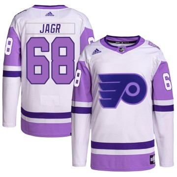 Authentic Adidas Men's Jaromir Jagr Philadelphia Flyers Hockey Fights Cancer Primegreen Jersey - White/Purple