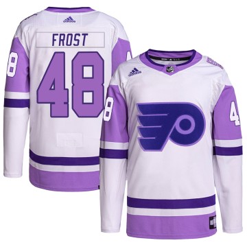 Authentic Adidas Men's Morgan Frost Philadelphia Flyers Hockey Fights Cancer Primegreen Jersey - White/Purple