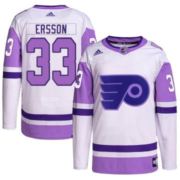 Authentic Adidas Men's Samuel Ersson Philadelphia Flyers Hockey Fights Cancer Primegreen Jersey - White/Purple