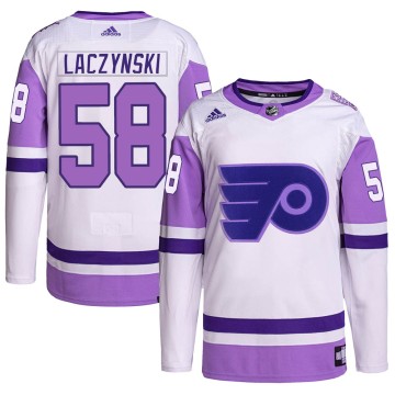 Authentic Adidas Youth Tanner Laczynski Philadelphia Flyers Hockey Fights Cancer Primegreen Jersey - White/Purple